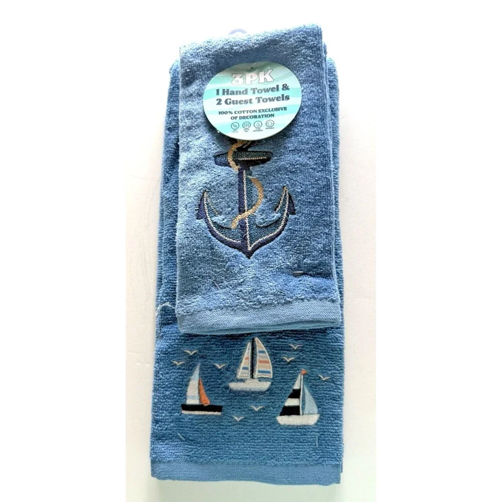 Anchor Sailboats Sea Turtle Embroidered Summer Blue 2 Fingertip 1 Hand Seagulls